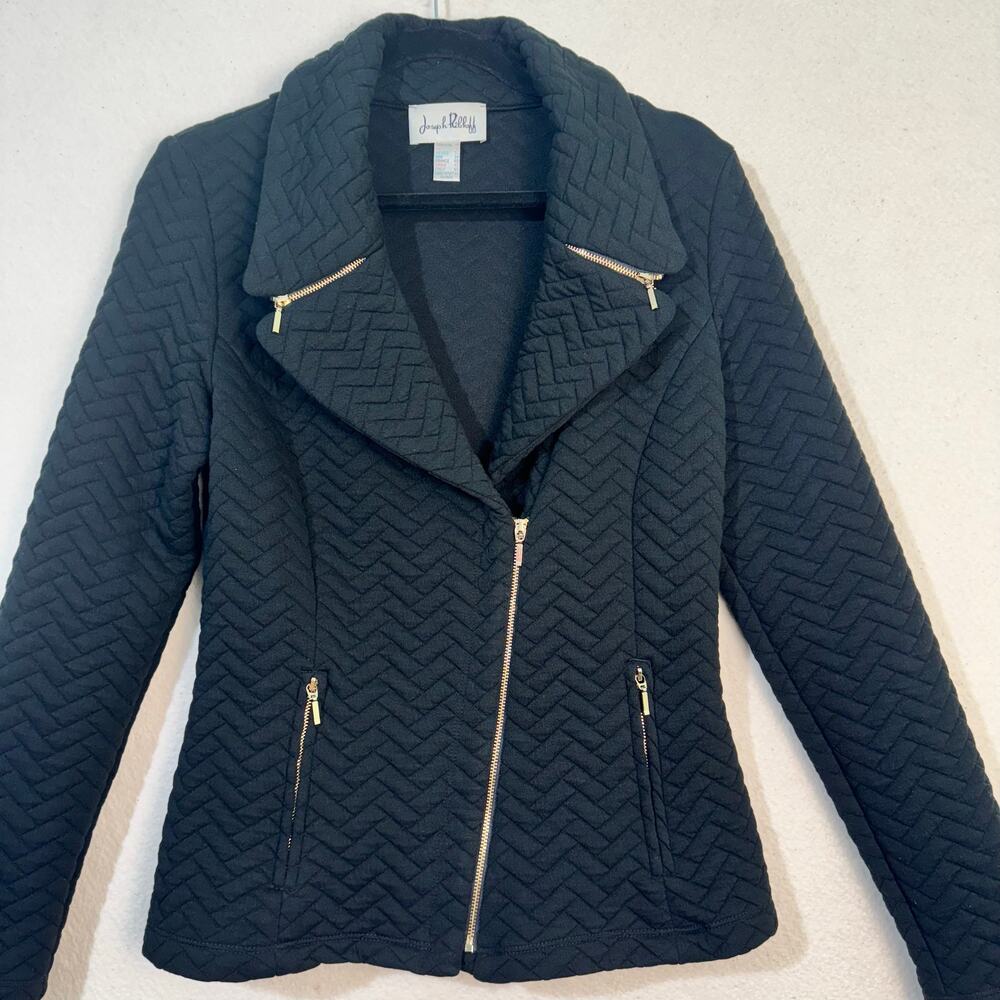 Joseph Ripkoff Black Quilted Stretch Fitted Moto Jacket Y2K Edgey Grunge Size 10 - Picture 3 of 7
